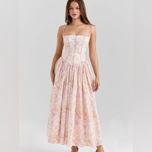 House of CB Ysabella peach floral print stretch cotton midi sundress NWOT